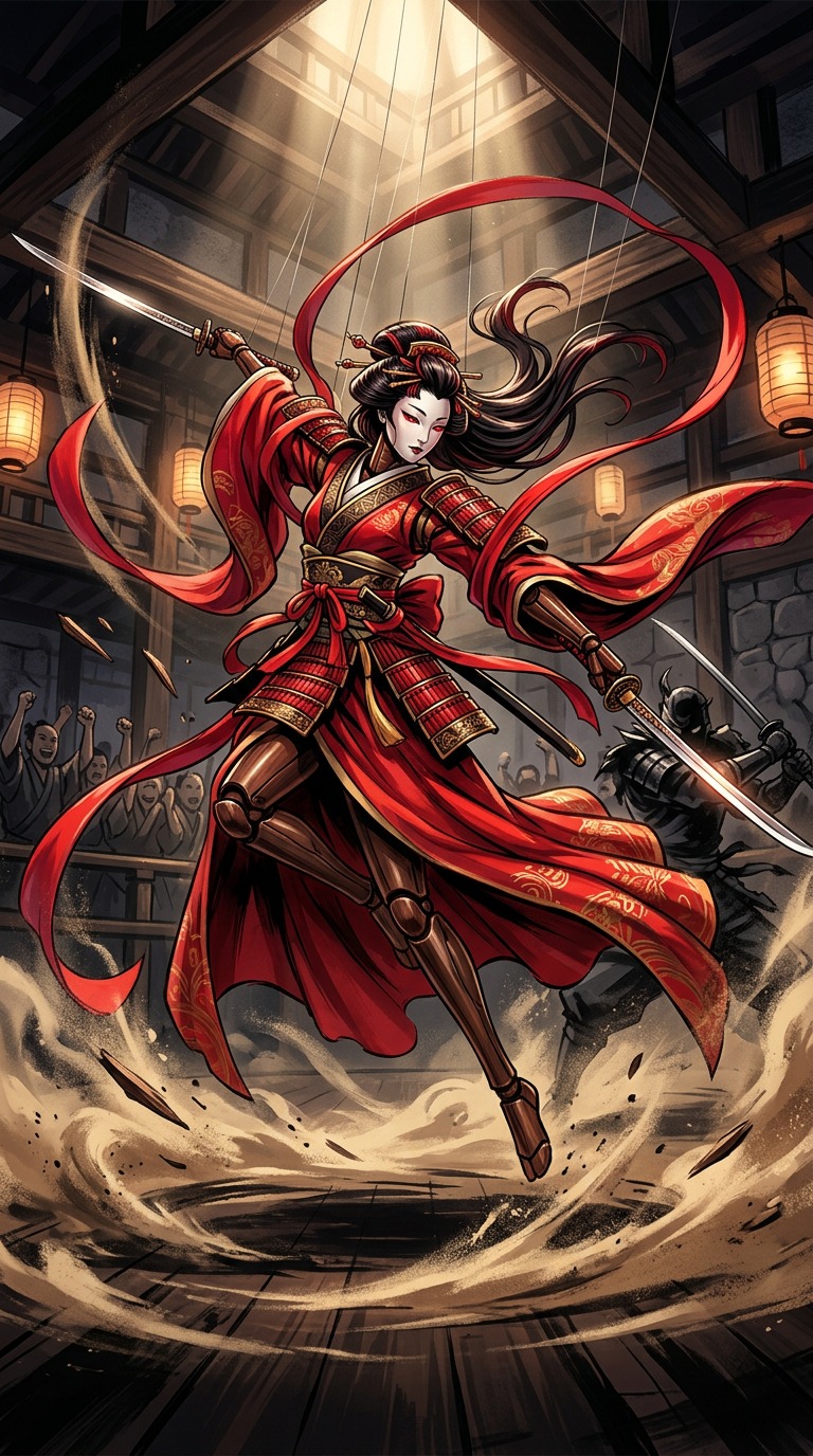 The Red Lady puppet advances along silk strands