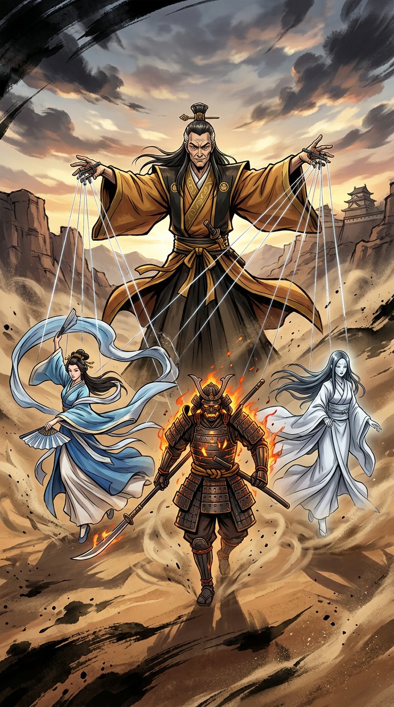 Yorinobu commanding three puppets in formation