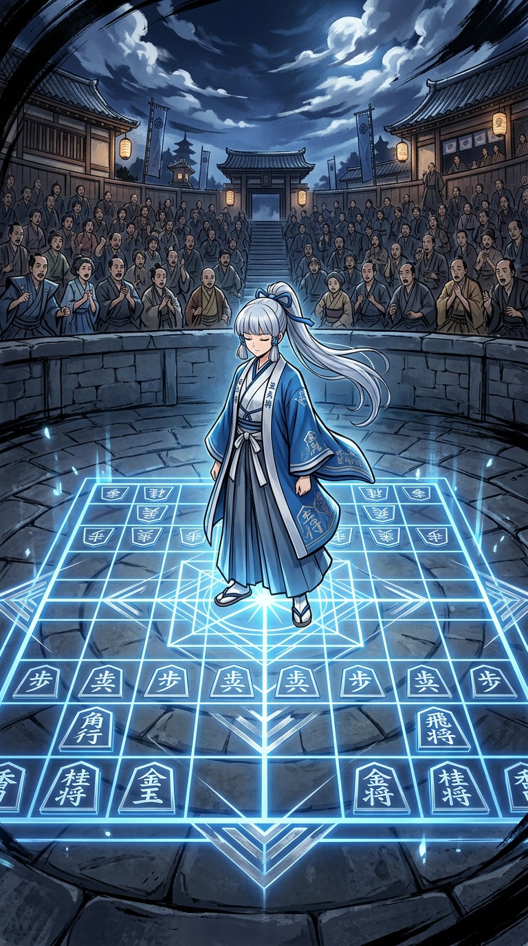 Kaname standing on the glowing 64-square chess board
