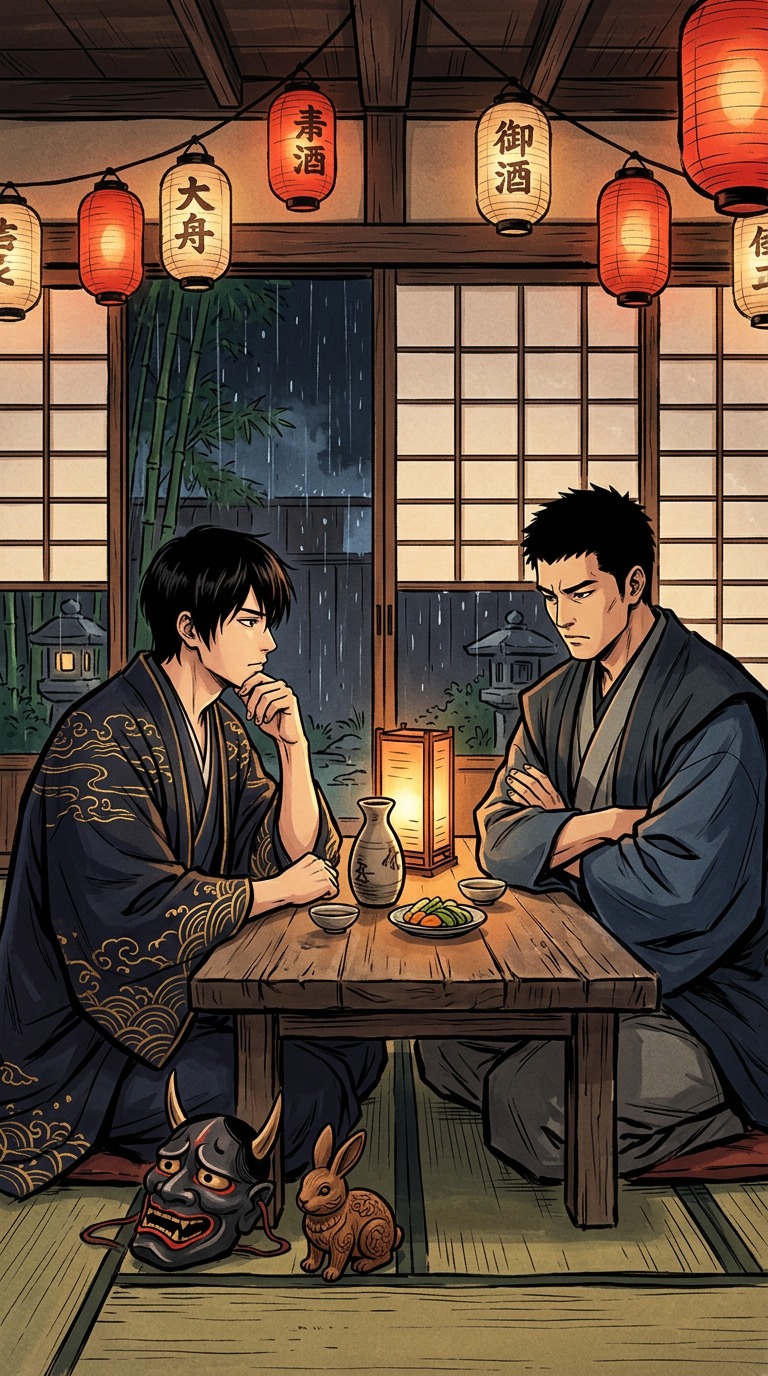 Ren and Aratake at the inn — Hannya mask and carved rabbit on the table