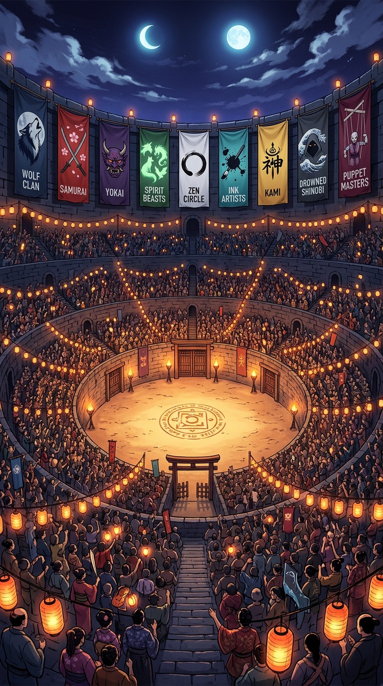 The arena crowd — nine clan banners, thousands gathered
