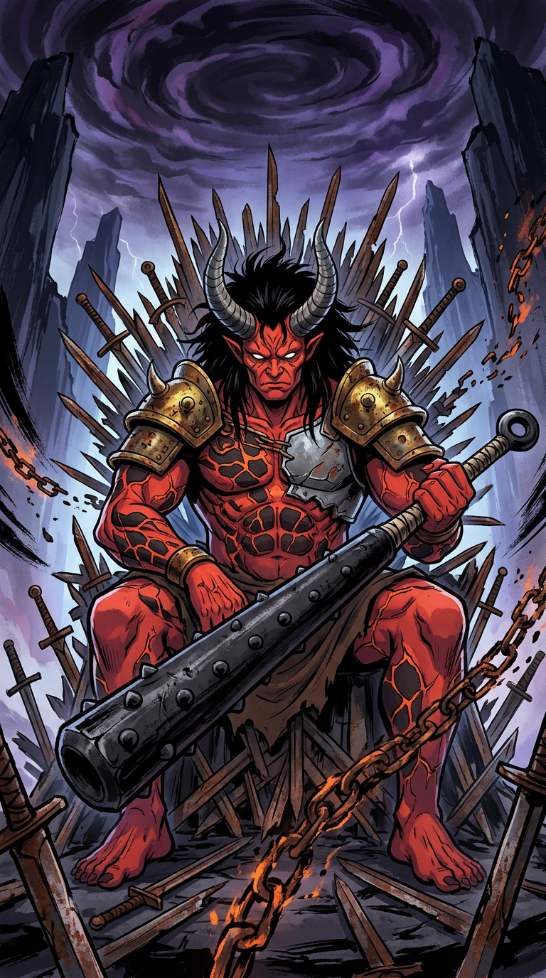 The Oni on his throne of war-blades