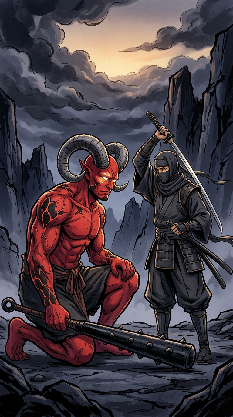 The Oni kneels in surrender and relief