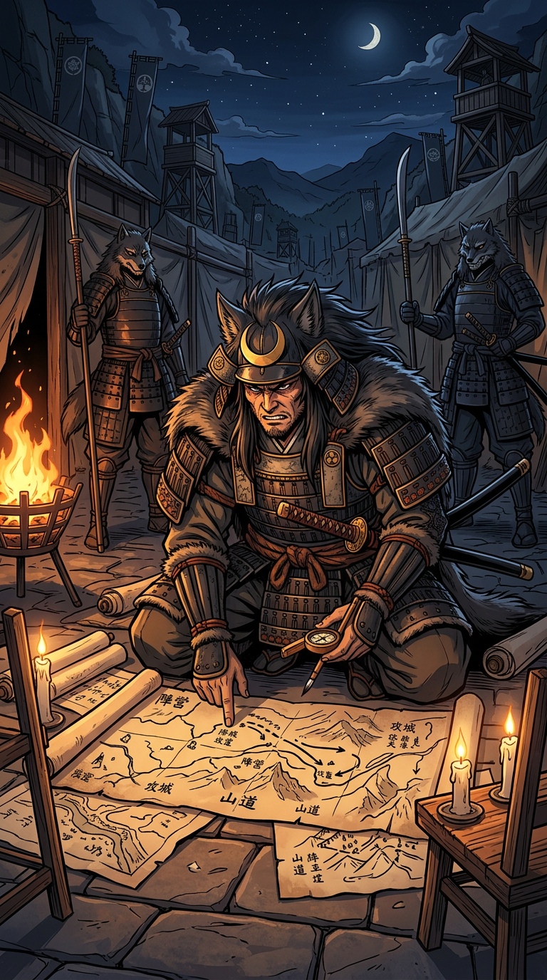 Goro the wolf samurai bent over scrolls and maps by firelight, planning his campaign