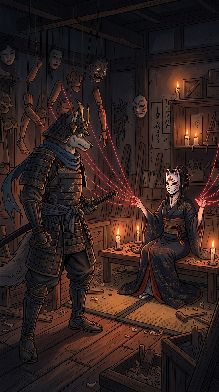 Goro and Kugutsu-Hime face each other across the candlelit workshop, tension between them