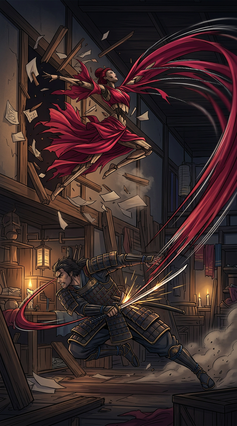 The Red Lady puppet in dynamic attack — razor-wire silk arcing, a wolf warrior rolling to escape