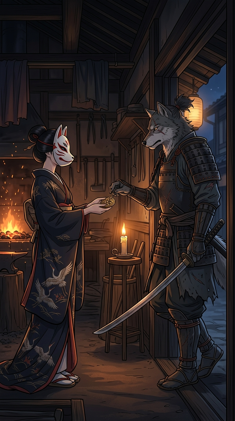 Kugutsu-Hime holds out a small tribute token to Goro at the workshop doorway, candlelight between them