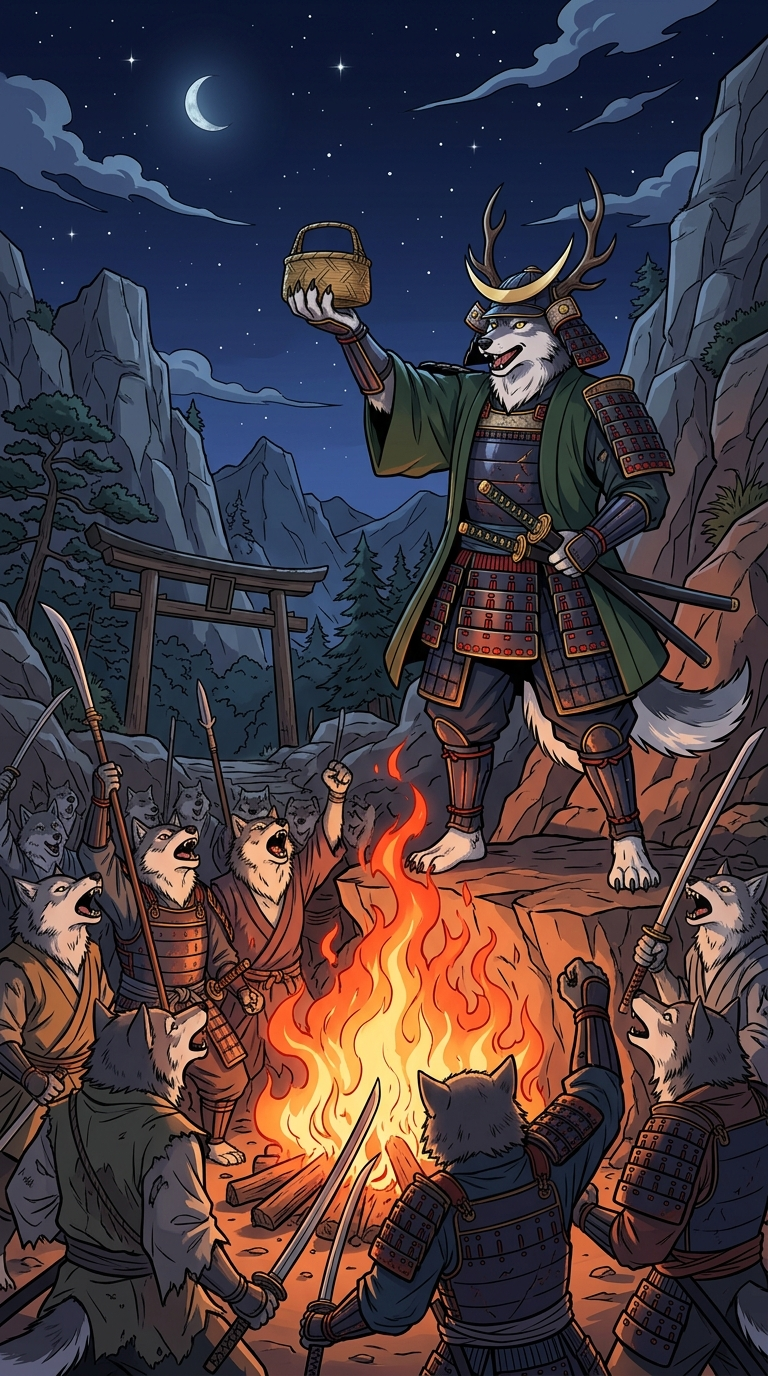 Goro stands triumphant before his wolf pack gathered around a roaring mountain bonfire, holding the tribute aloft