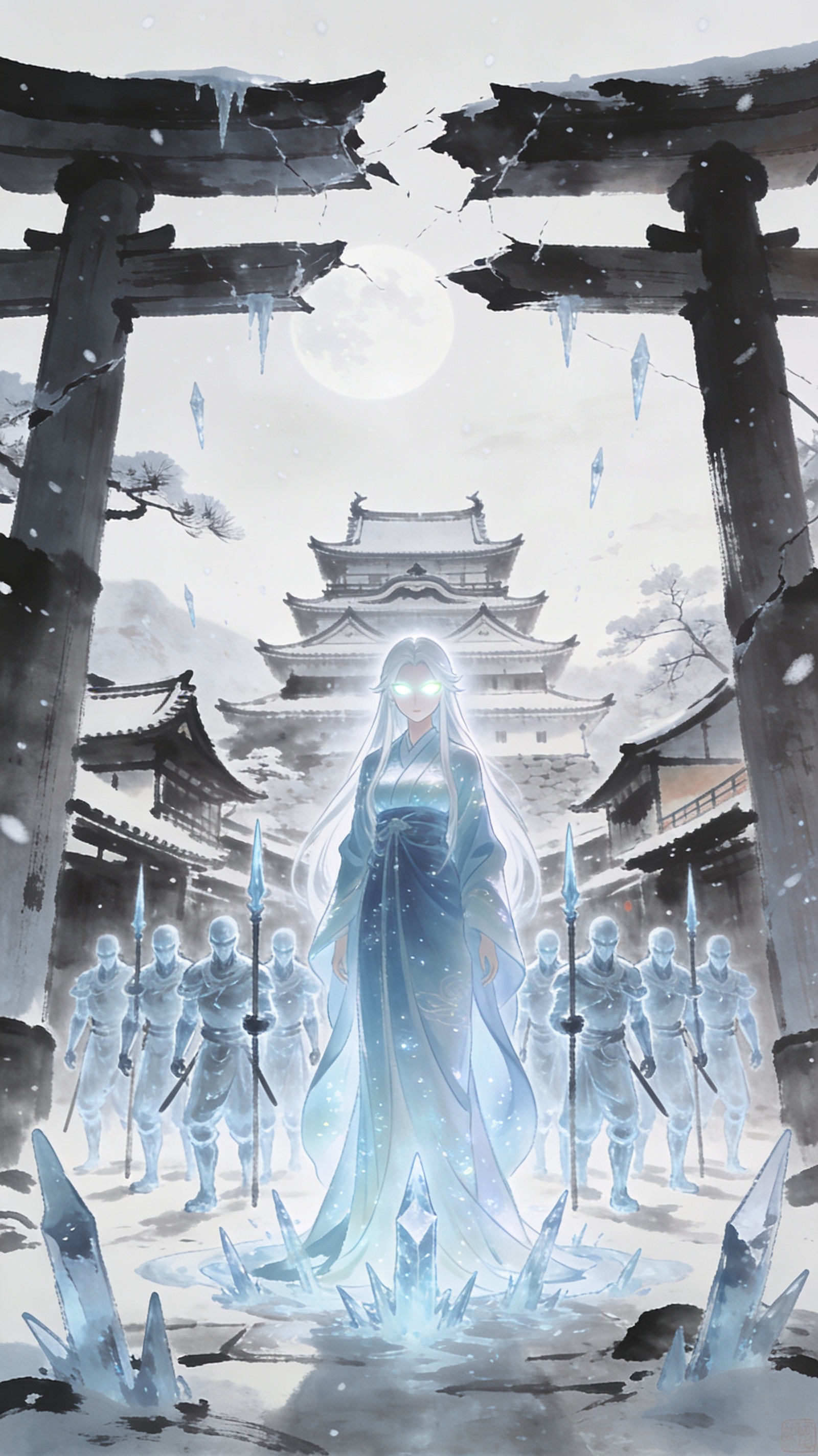 The Yuki Onna shattering the village gate with her frost army
