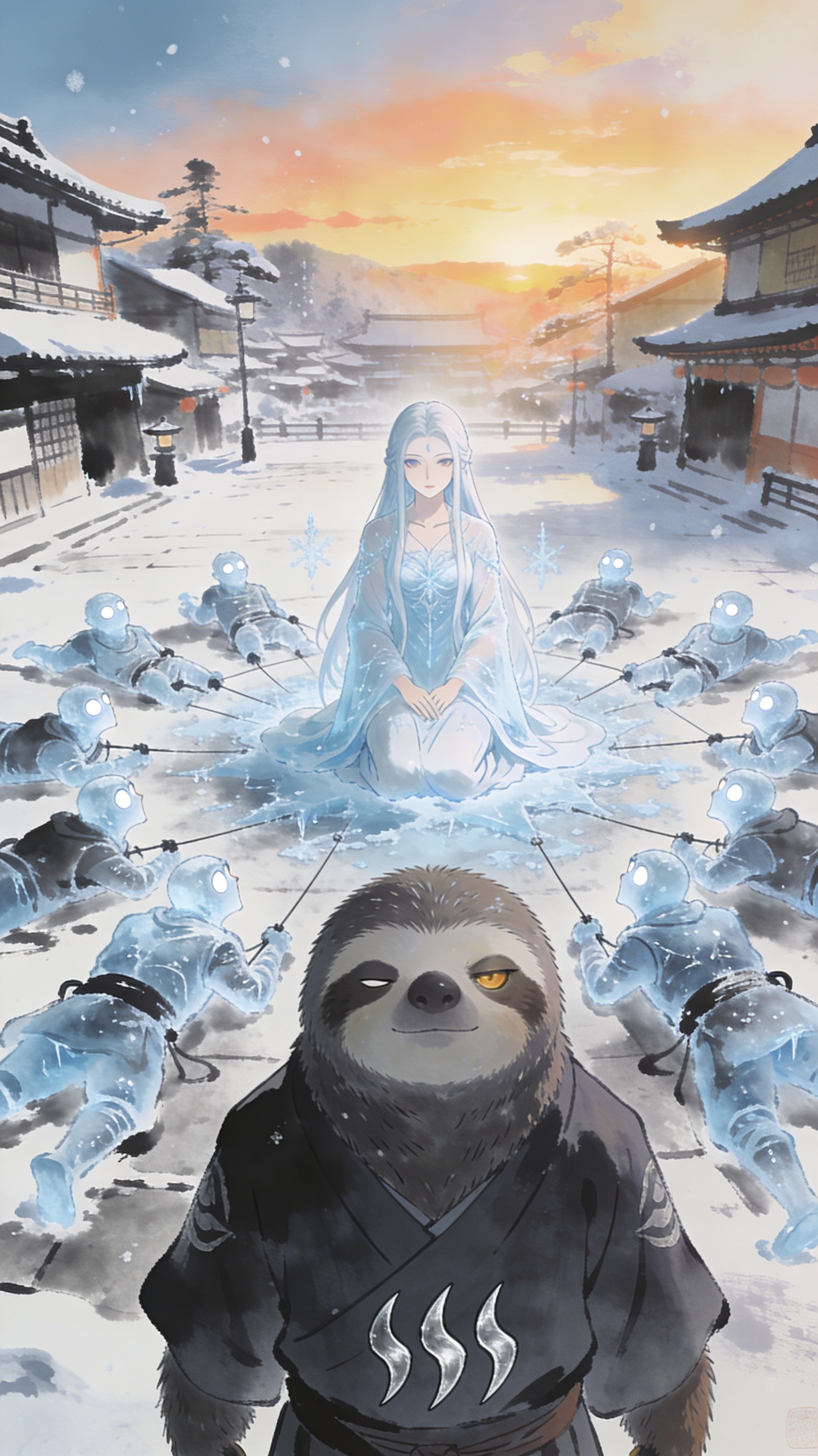 Yuki Onna on her knees in the snow, constructs fallen, looking up at Namake
