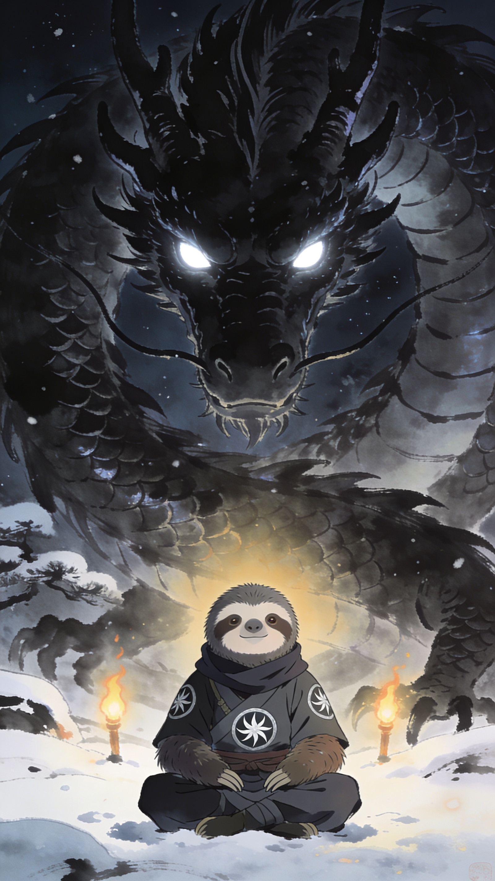 The enormous dragon face to face with Namake who simply sits down