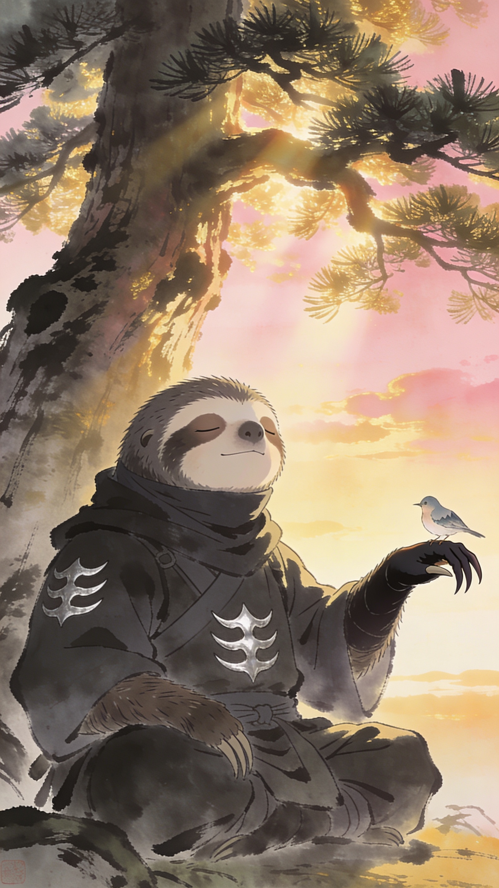 Namake at dawn under the cedar, a small bird on his claw, earned peace