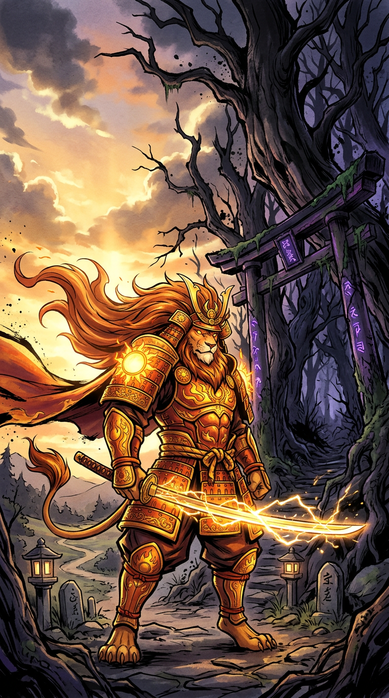 Raikō the Sun-Lion of Radiant Glory at the forest edge