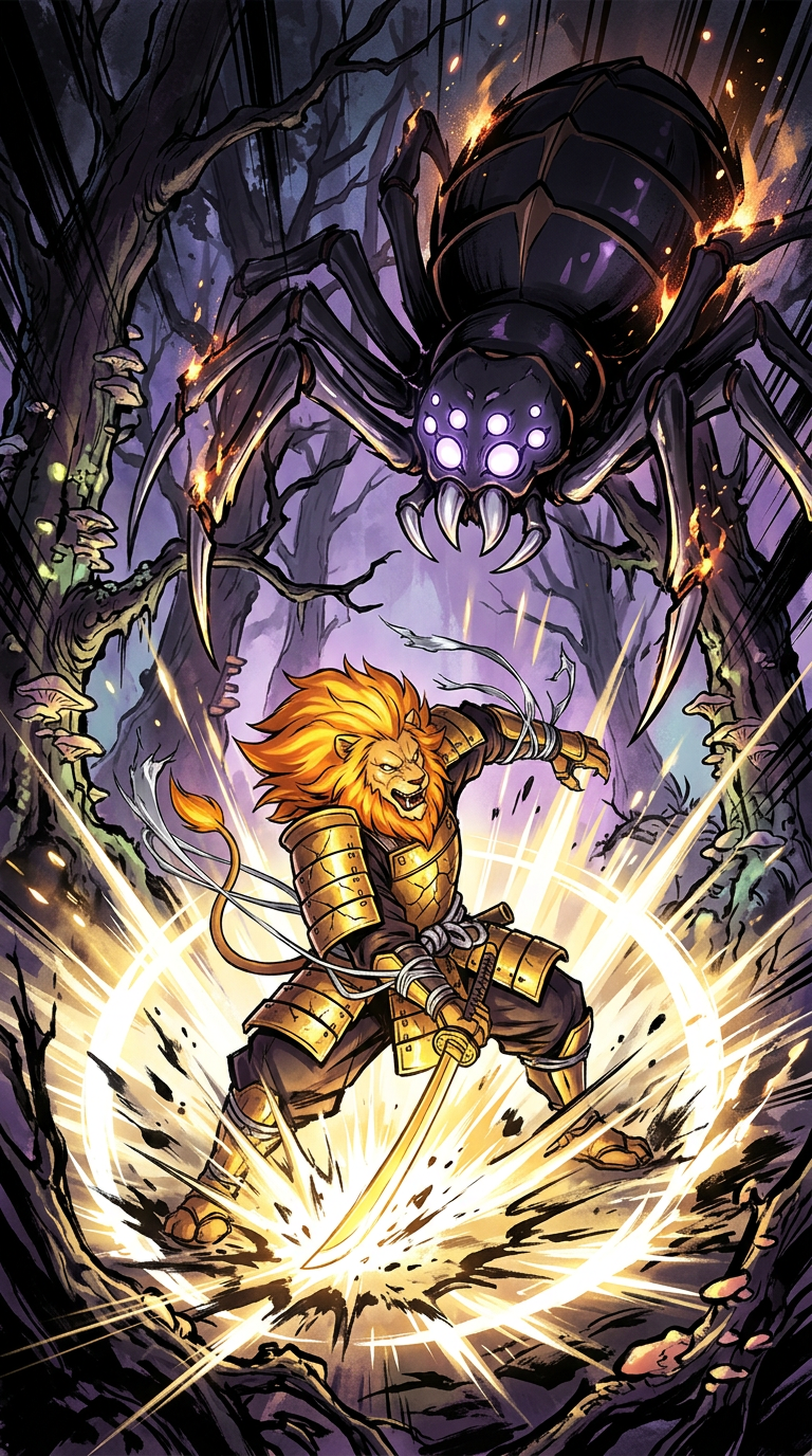 Raikō drives his katana into the earth, solar pulse erupts