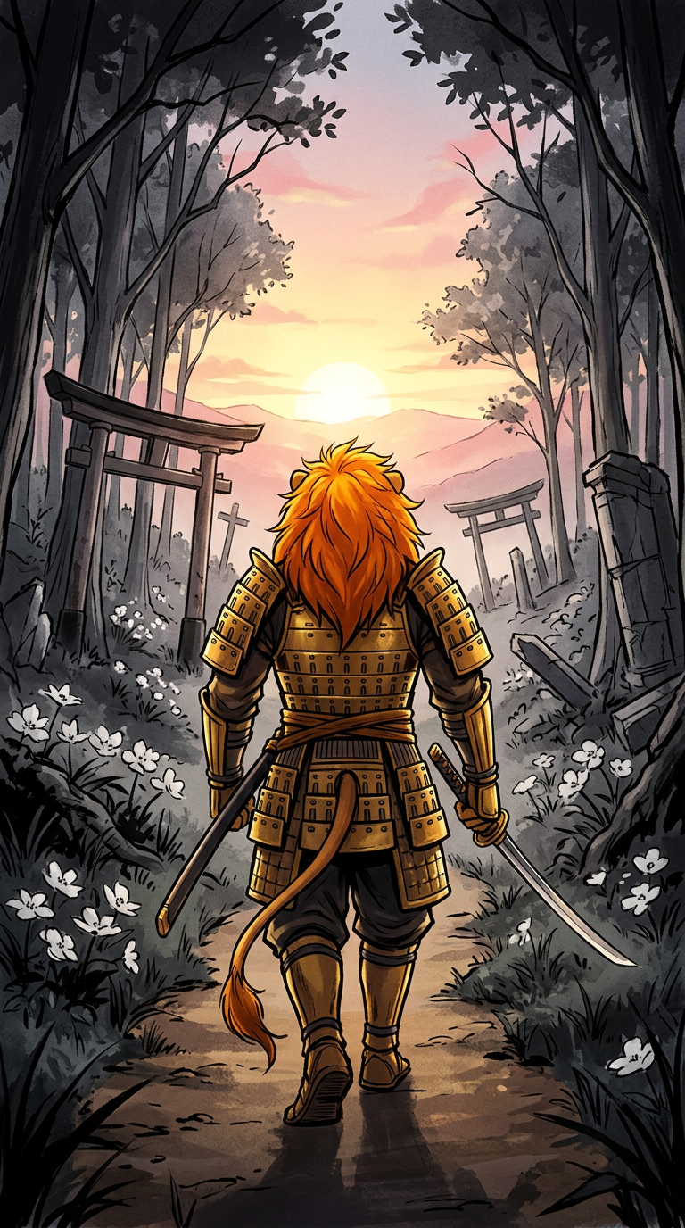 Raikō walks away toward dawn, leaving the dark forest behind