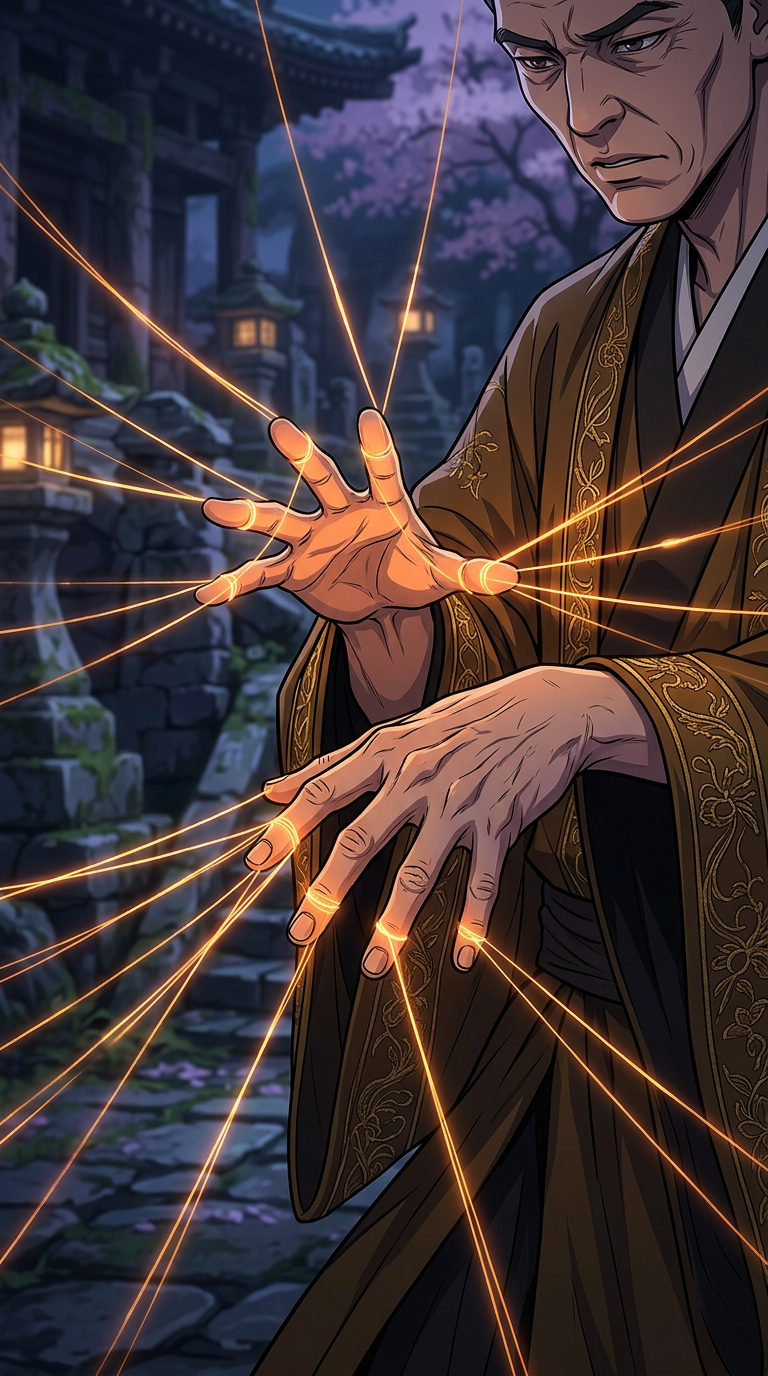 Close-up of Yorinobu's hands with amber spirit-threads
