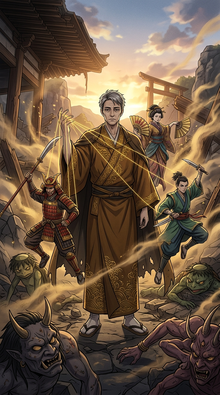 Yorinobu standing expressionless over fallen enemies