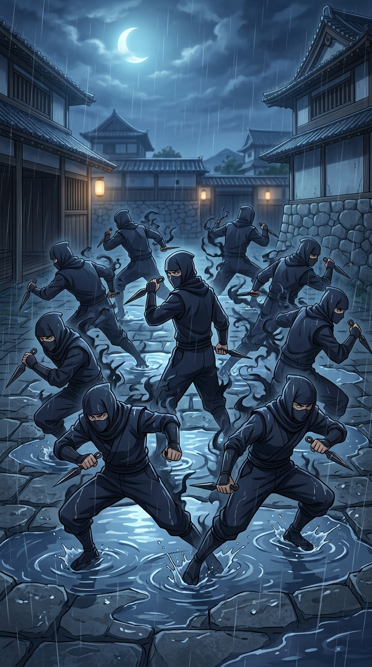 Eight identical shadow shinobi clones rising from water