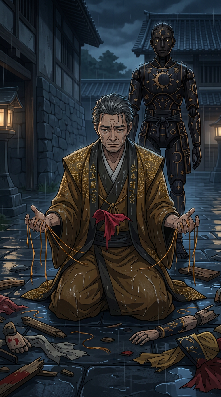 Yorinobu kneeling beside the destroyed Red Lady puppet