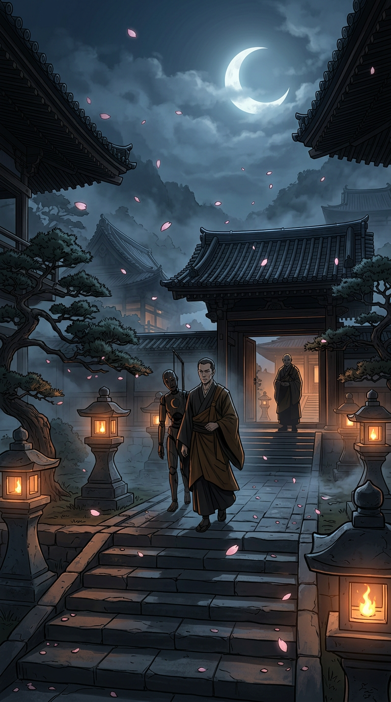 Zen temple at night with Yorinobu approaching