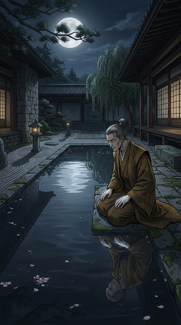 Yorinobu facing his reflection in the still water pool