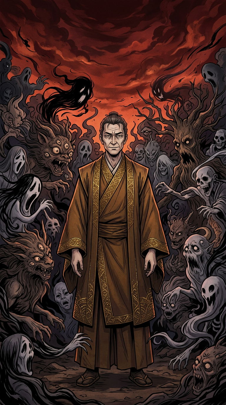 Yorinobu standing alone surrounded by yokai army