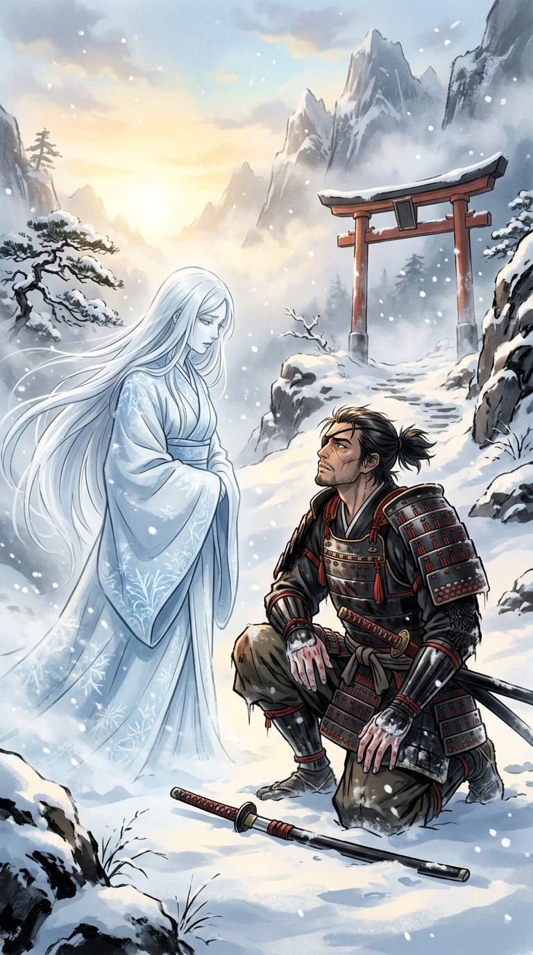 The aftermath — samurai kneels, Yuki Onna fading in the dawn light
