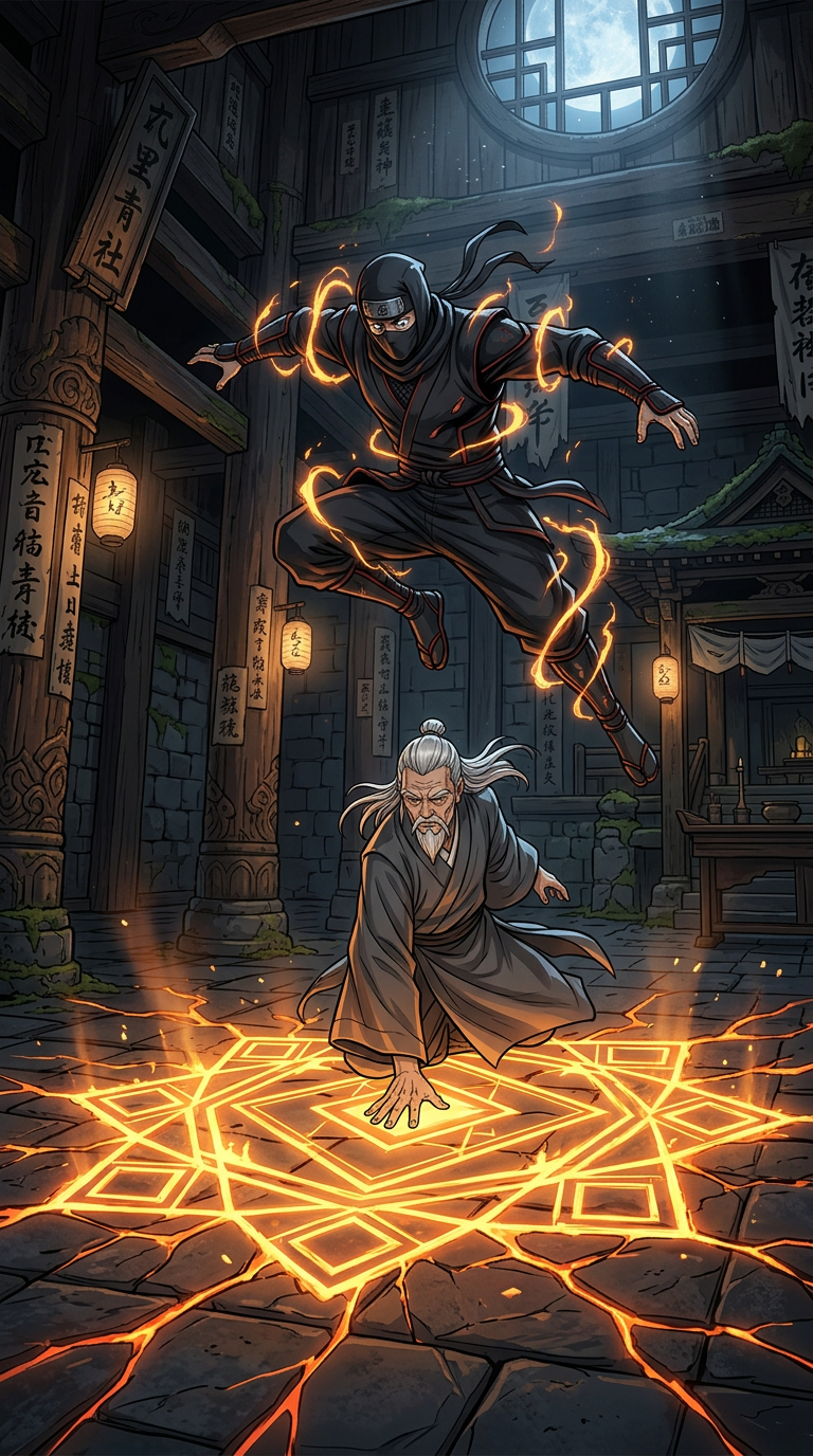 Queen's Gambit trap activates — amber chess patterns blaze across the stone