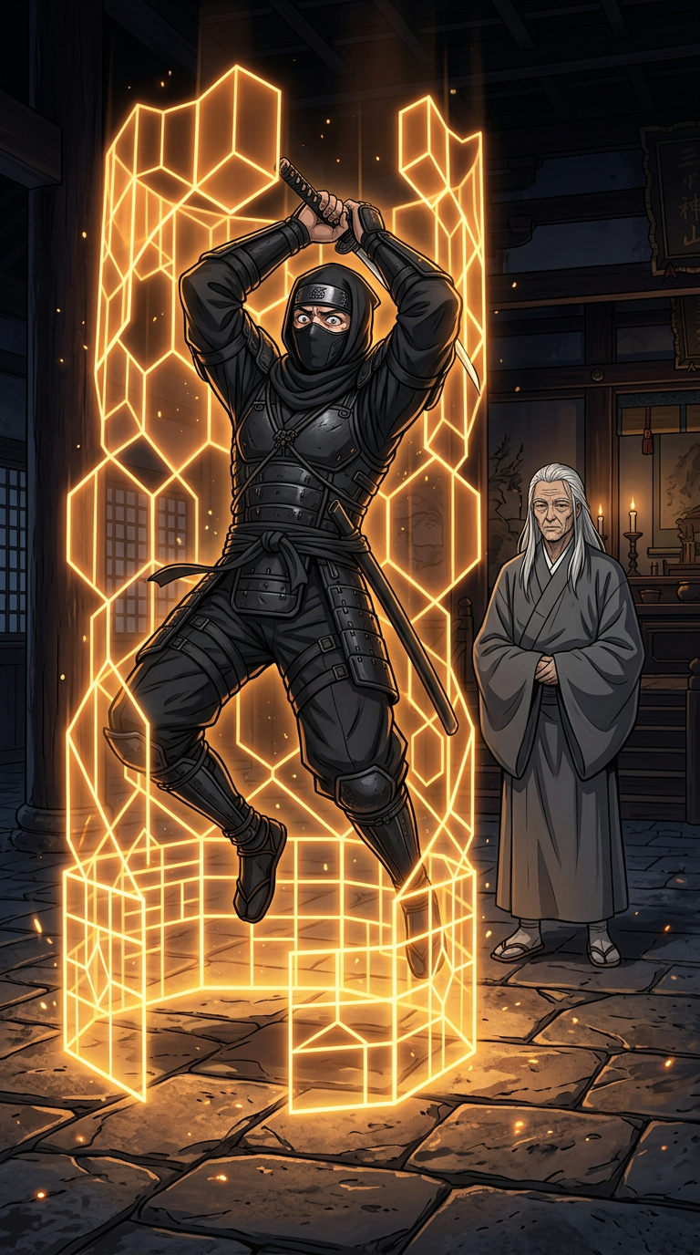 Zugzwang trap — the assassin frozen inside a geometric cage of light