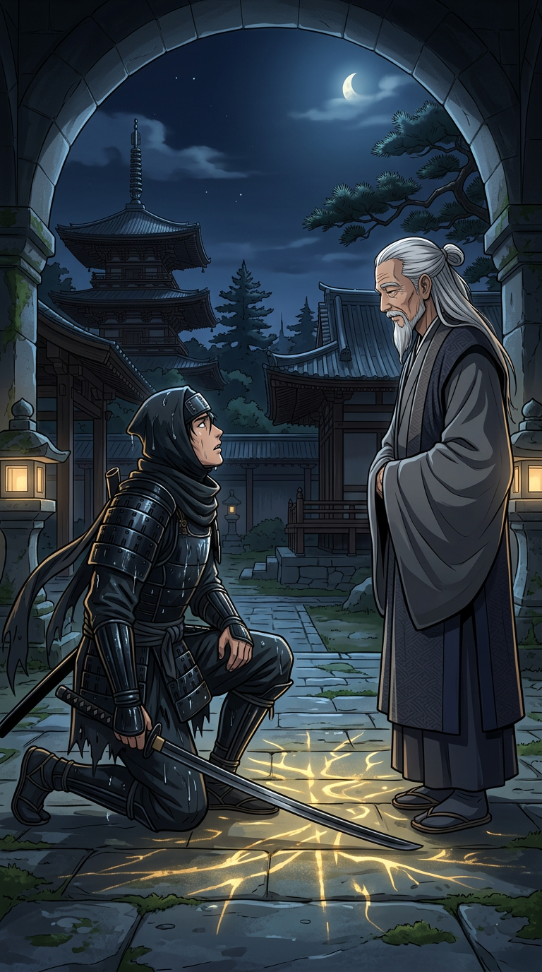 Yasha kneels in involuntary recognition before the Zen Master