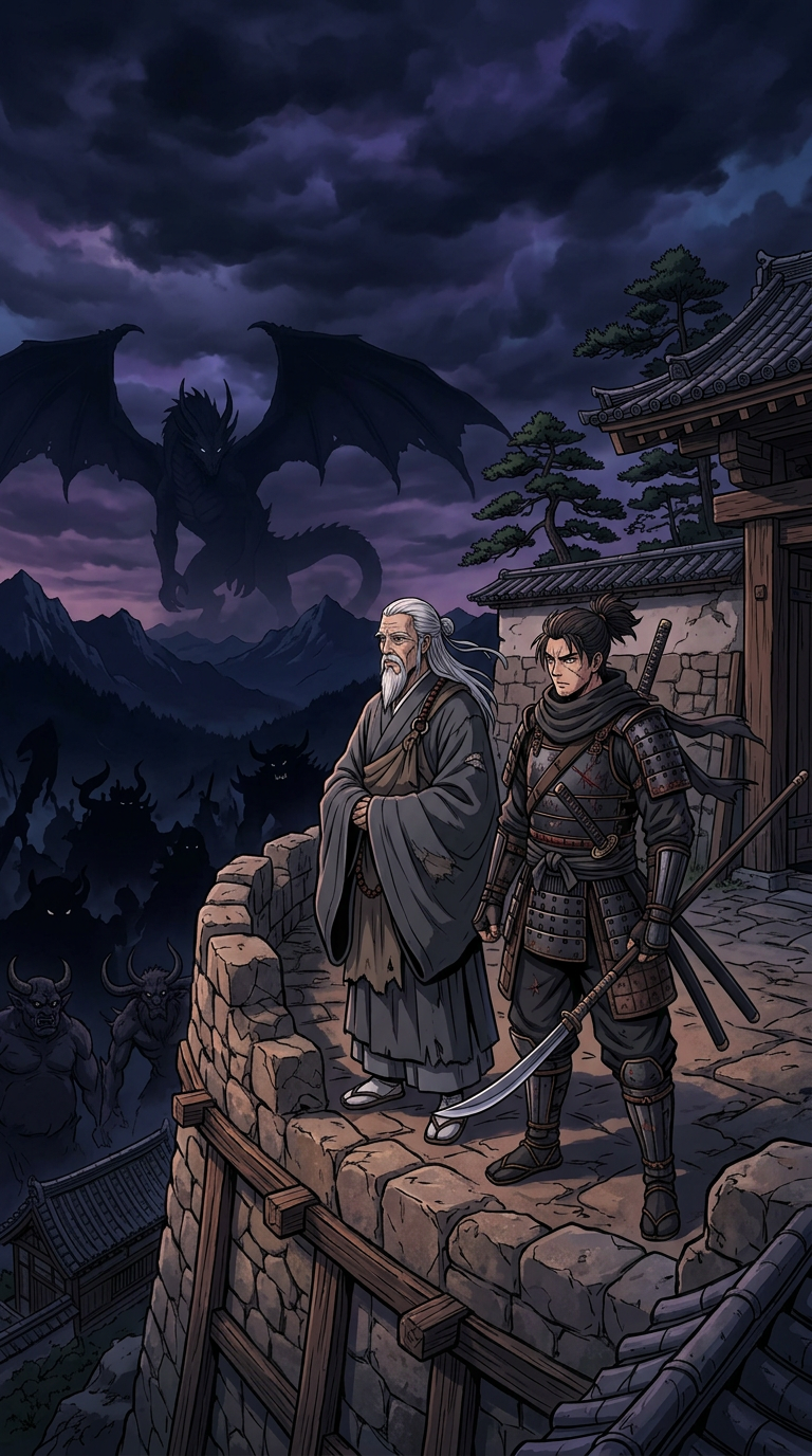 The bruise-purple sky above the temple signals the coming horde