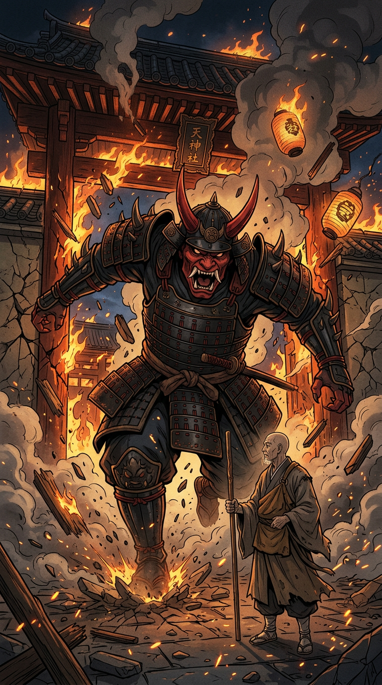 The Oni of Crimson Horns crashes through the temple gate