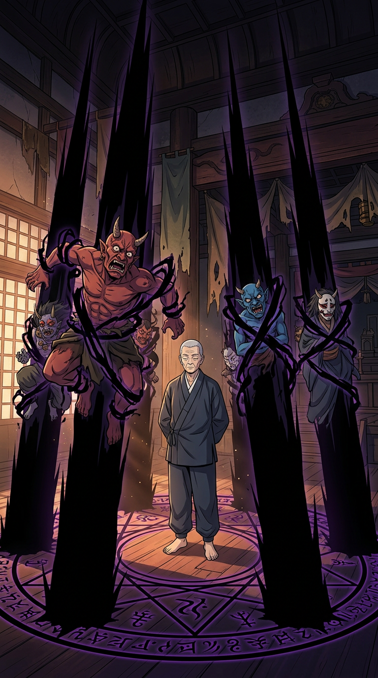 Nightfall's Binding Grasp — shadow pillars erupt from the temple stones
