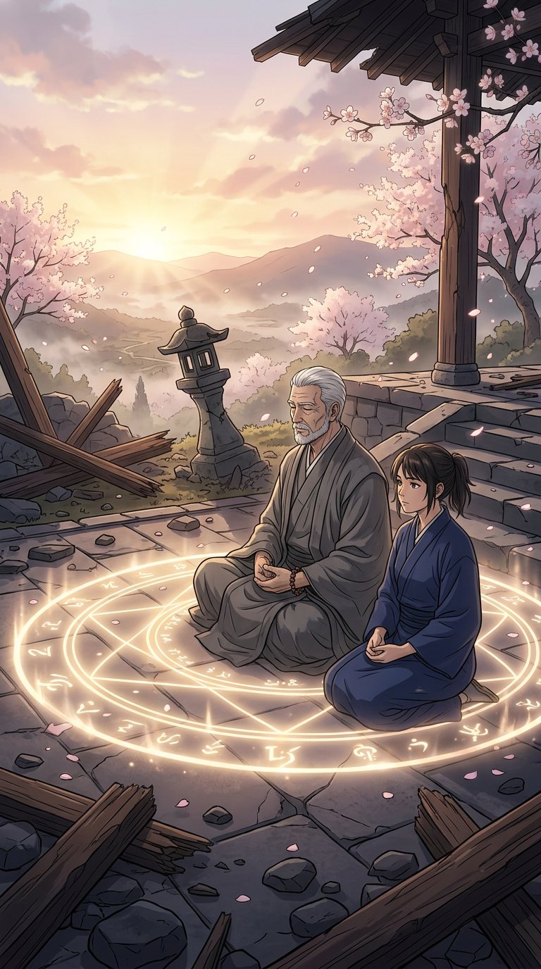 Mushin and Yasha sit together in the Circle at dawn — the storm has passed