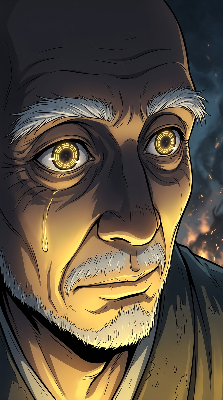 Mushin's eyes open — the Circle reflected in his irises